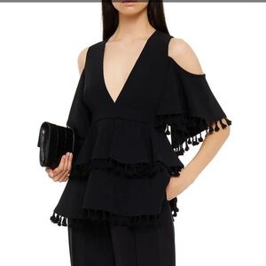 NWT Elie Saab Black Ruffled Top with Tassels